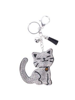 Smiling Cat Tassel Bling Faux Suede Stuffed Pillow Key Chain Handbag Charm